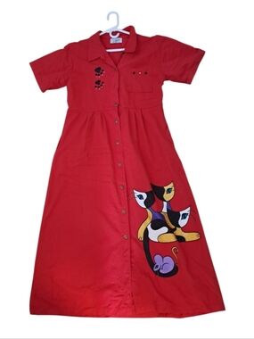 Stunning Red Maxi Dress with Multicolor Cat Motif =pockets= ❤️‍🔥😻